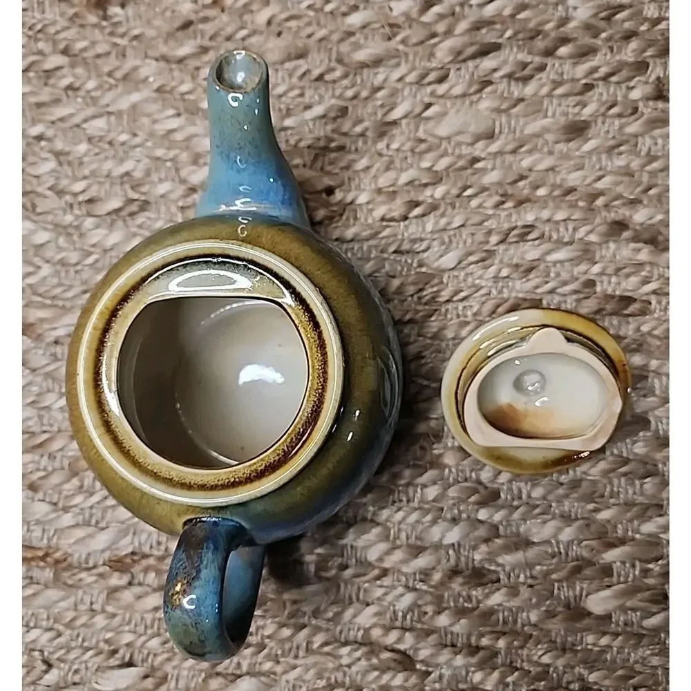 Artisanal Ceramic Teapot & Cup Set in Blue and Yellow